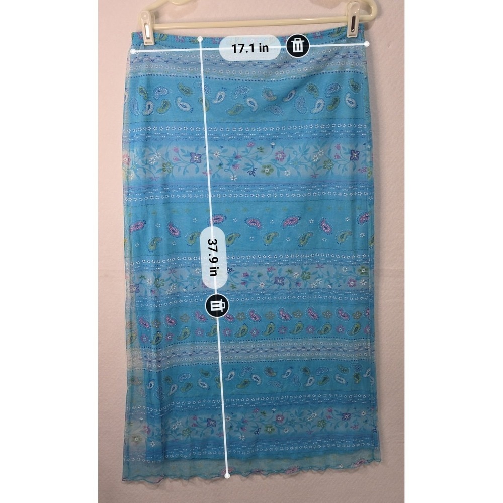 Vintage Y2K Blue Paisley Floral Mesh Maxi Skirt Lettuce Hem Large Made in USA - Picture 3 of 6